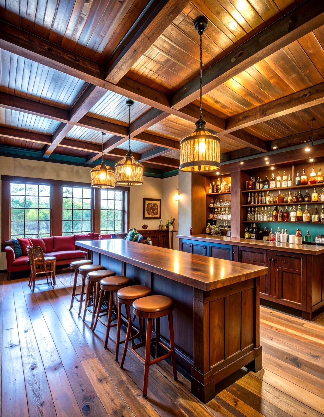 Rustic Basement Bar with a Tin Tile Ceiling - 30 rustic basement bar ideas