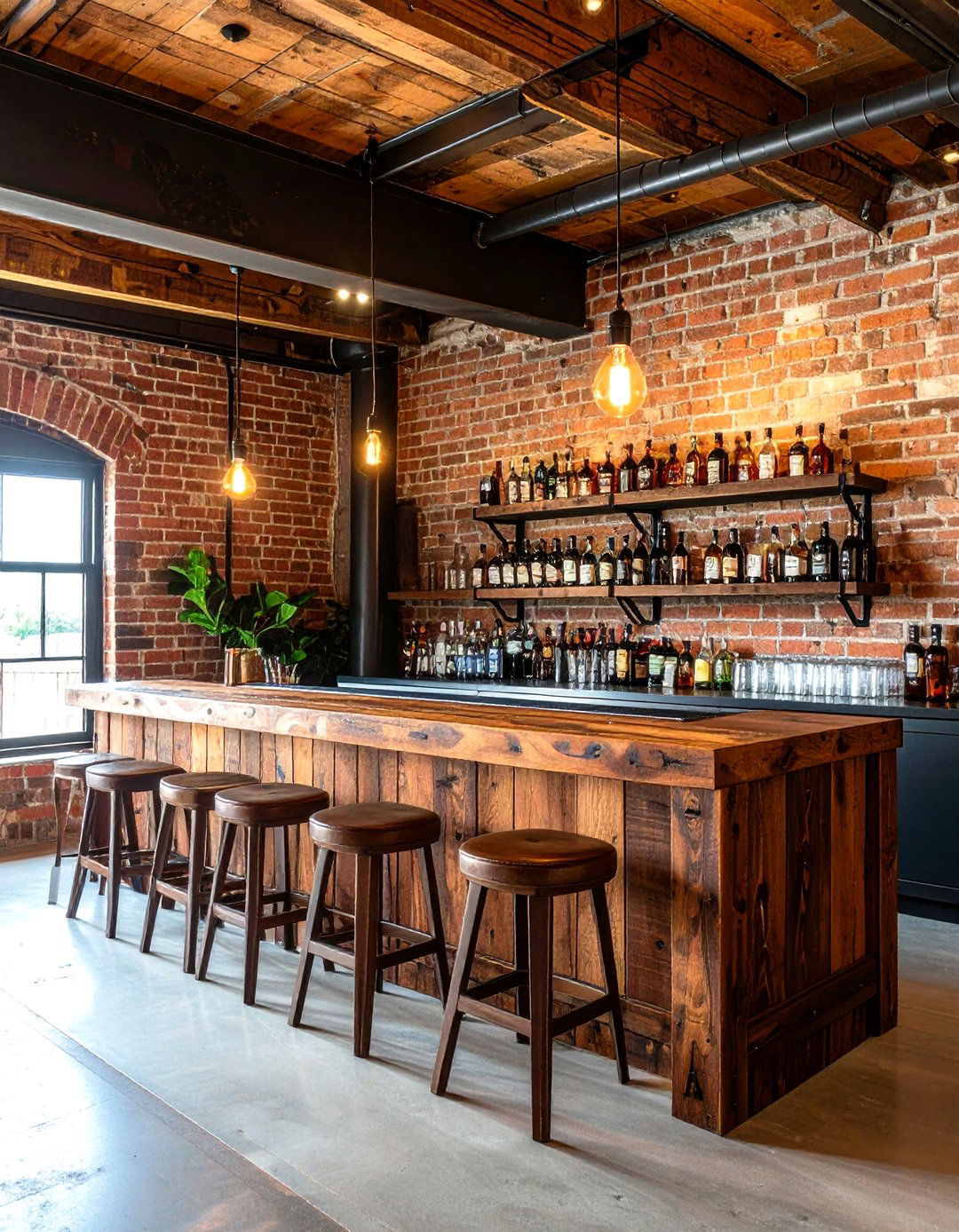 Rustic Basement Bar with an Exposed Brick Wall - 30 rustic basement bar ideas