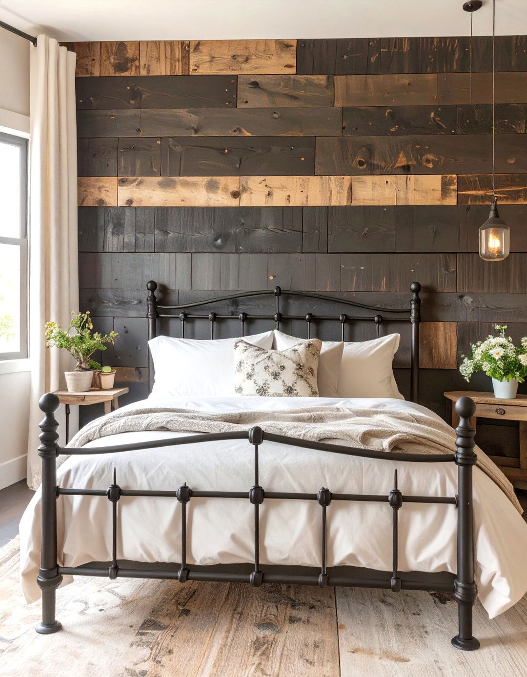 Rustic Bedroom with a Reclaimed Black Wood Wall - 30 black accent wall ideas