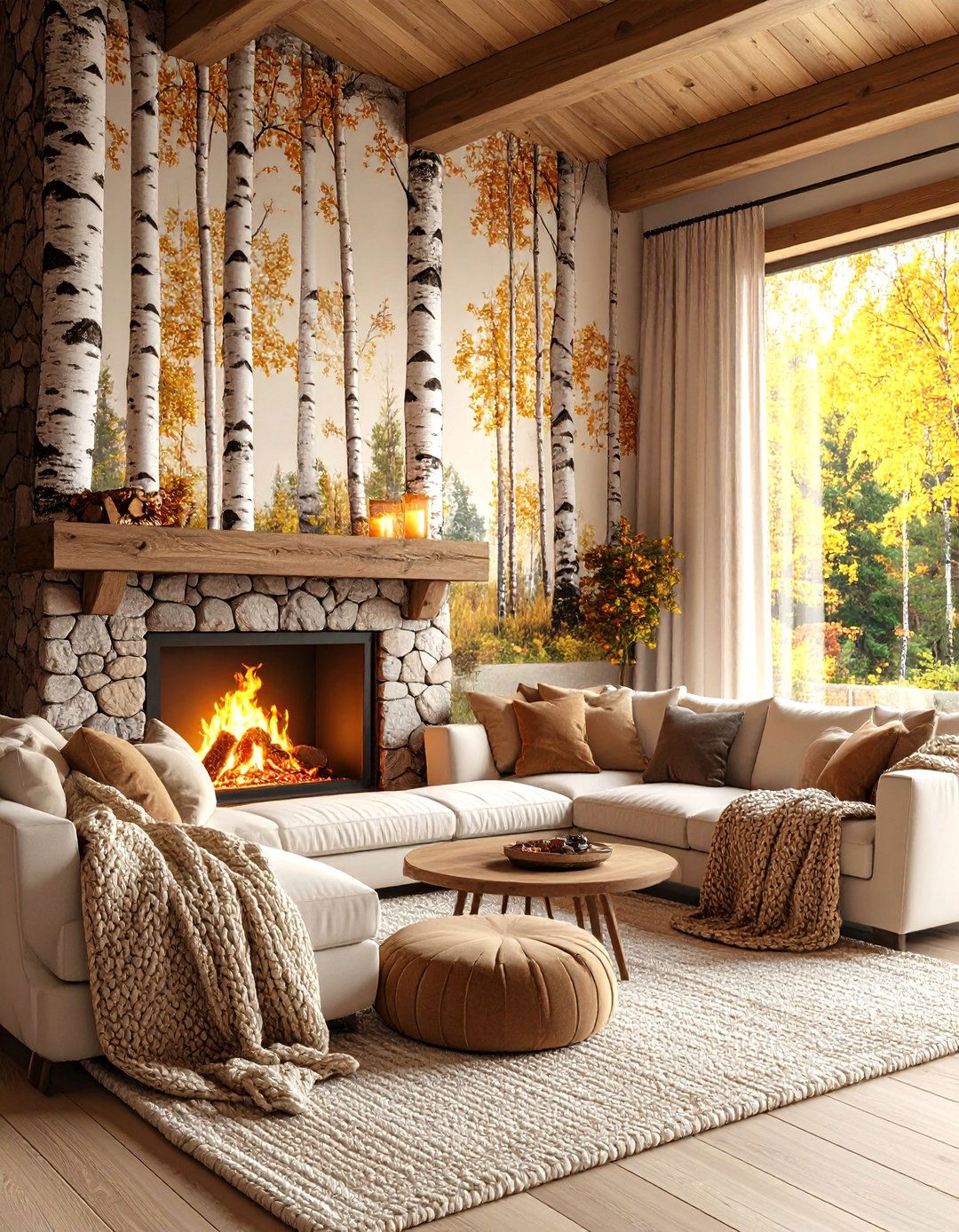 Rustic Birch Tree Living Room - 30 living room wallpaper ideas