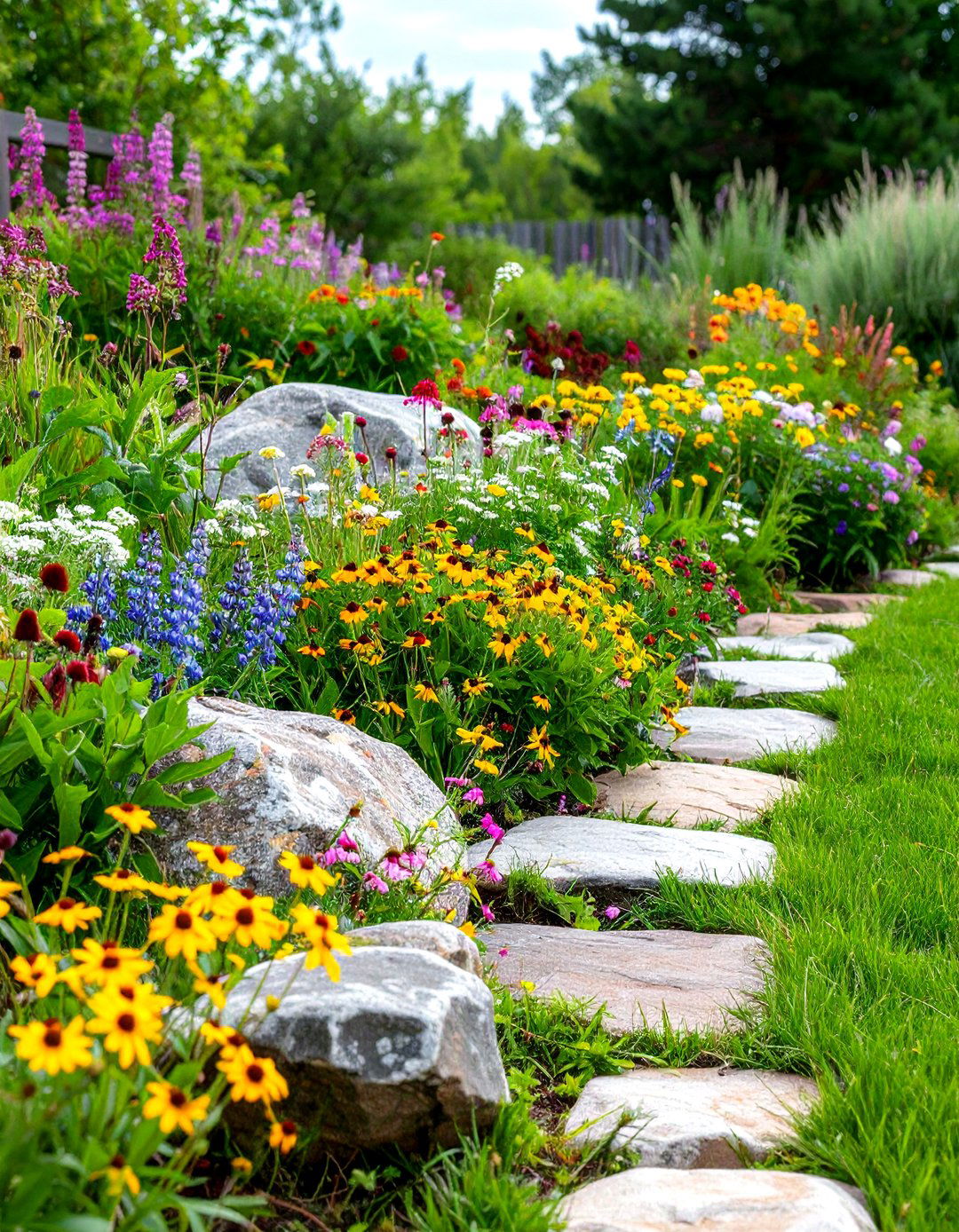 Rustic Boulder and Wildflower Mix - 30 front yard landscaping ideas with rocks no grass