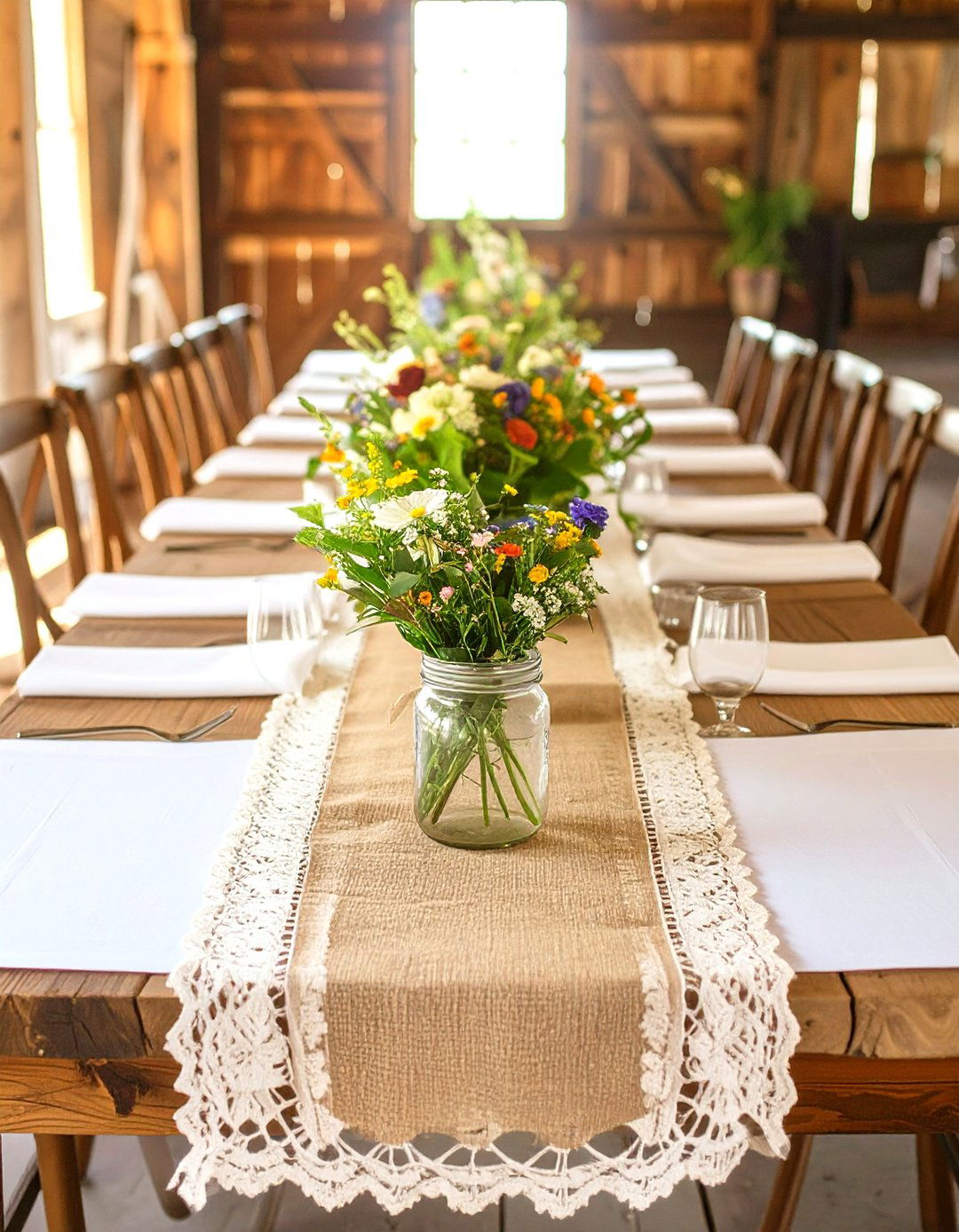 Rustic Burlap and Lace Table Runners - 30 wedding shower decor ideas