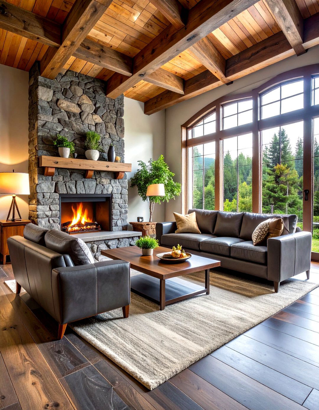 Rustic Cabin Living Room with Dark Grey Stone Floors - 30 grey flooring living room ideas