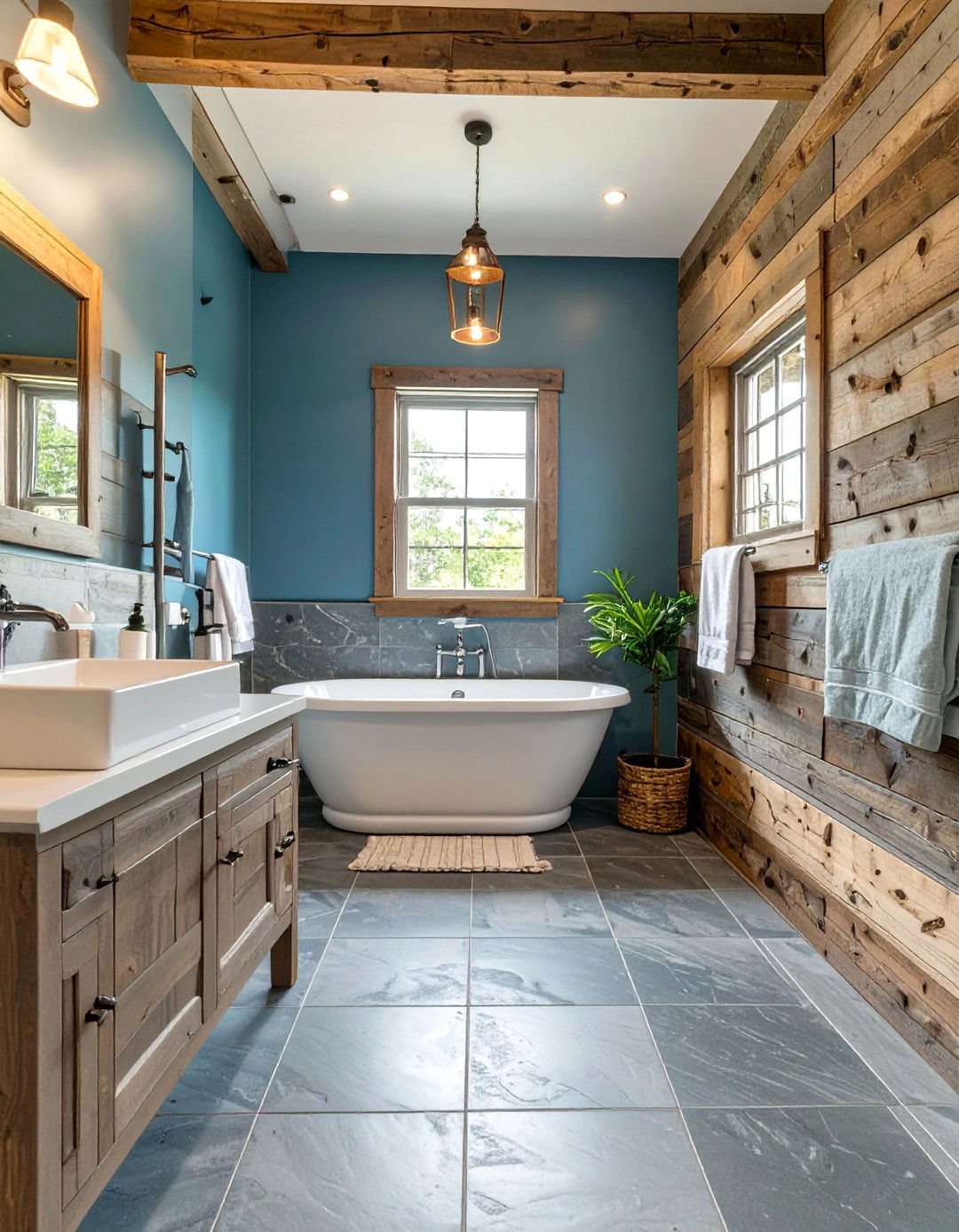 Rustic Cabin with Slate Blue and Stone Gray - 30 blue and gray bathroom ideas