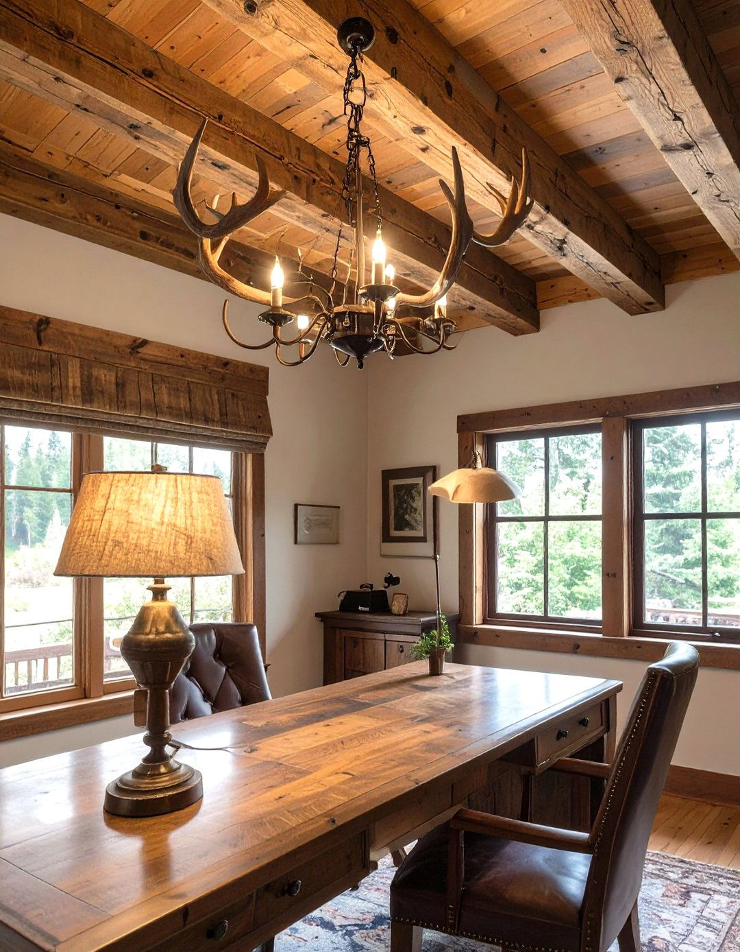 Rustic Charm with Antler Chandelier - 30 home office lighting ideas