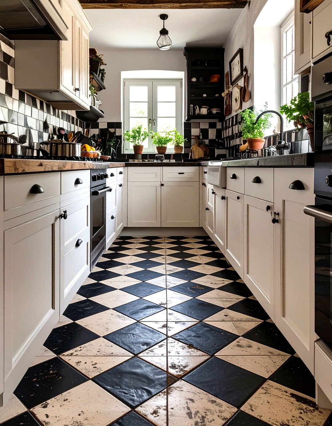 Rustic Checkered Floor Tiles - 30 small rustic kitchen ideas