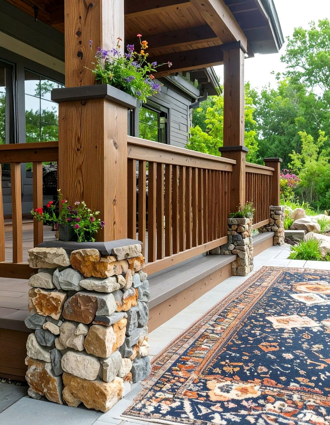Rustic Composite Railing with Stone Accents - 30 composite deck railing ideas