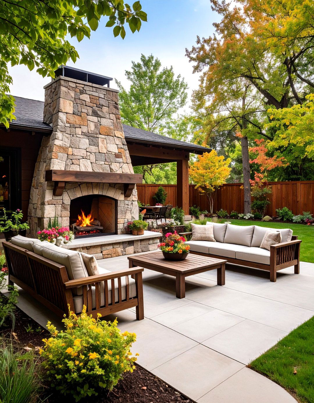 Rustic Concrete Patio with a Stone Fireplace - 30 backyard concrete patio ideas