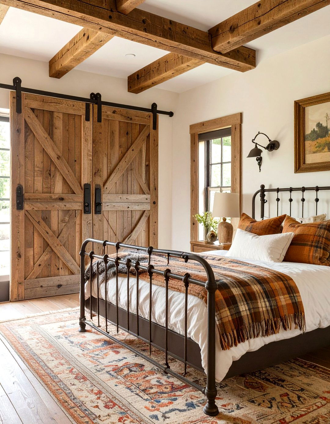 Rustic Farmhouse Bedroom with a Sliding Barn Door - 30 women bedroom ideas
