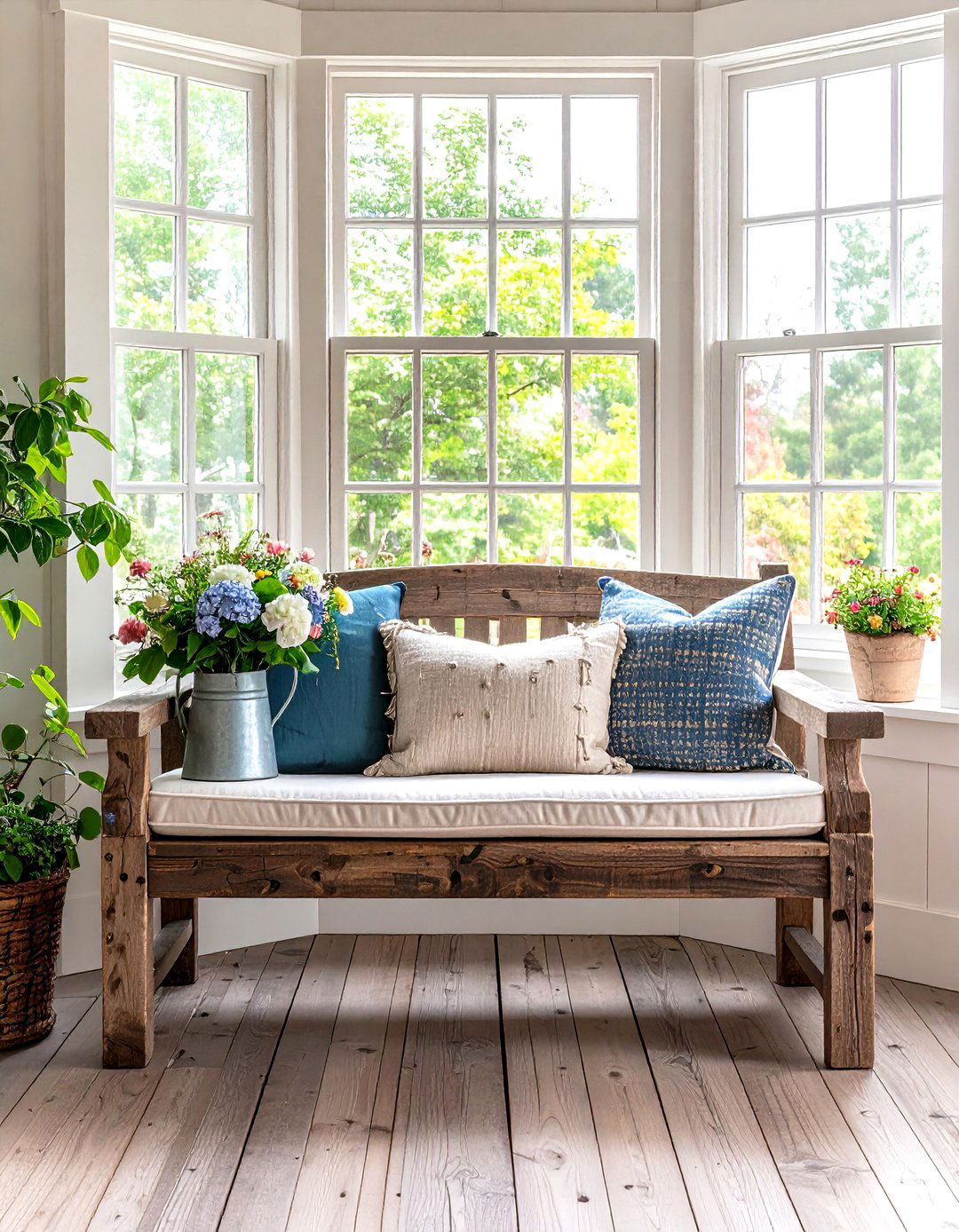 Rustic Farmhouse Bench - 30 living room bay window ideas
