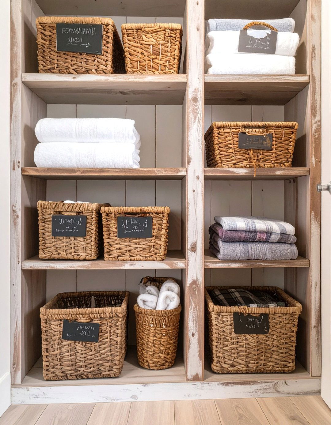 Rustic Farmhouse Linen Storage - 30 bathroom closet organization ideas