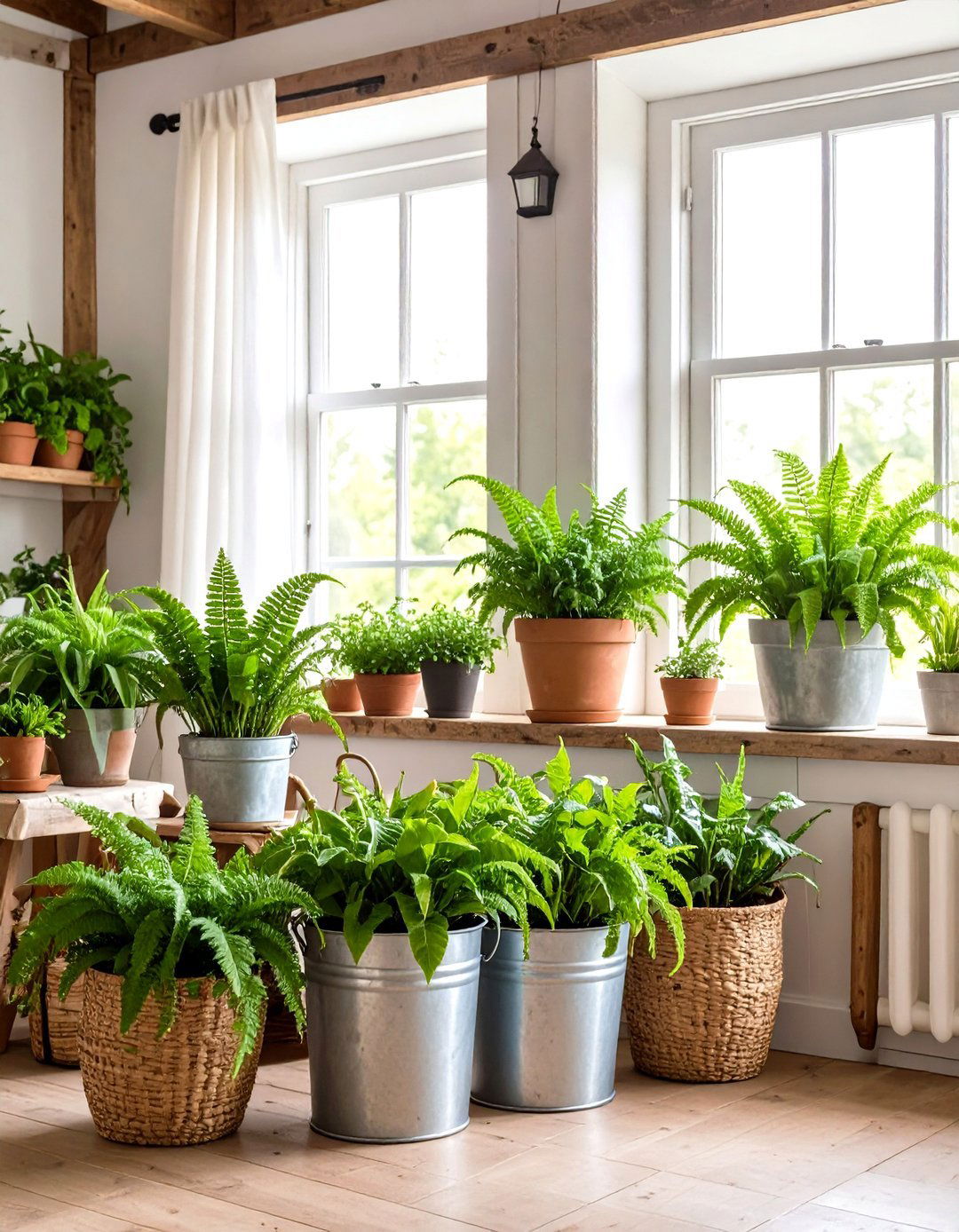 Rustic Farmhouse Living Room with Herbs and Ferns - 30 living room indoor plants decoration ideas