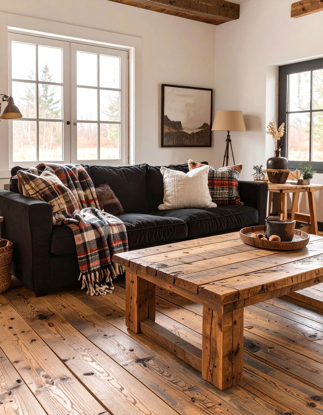 Rustic Farmhouse Living Room - 30 black couch living room ideas