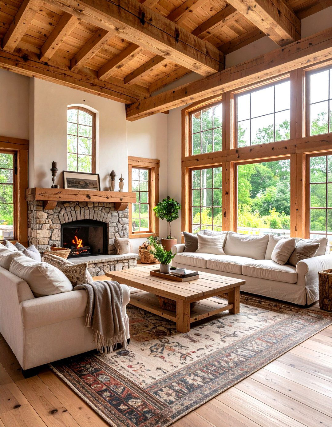 Rustic Farmhouse with Natural Wood Frames - 30 living room window ideas