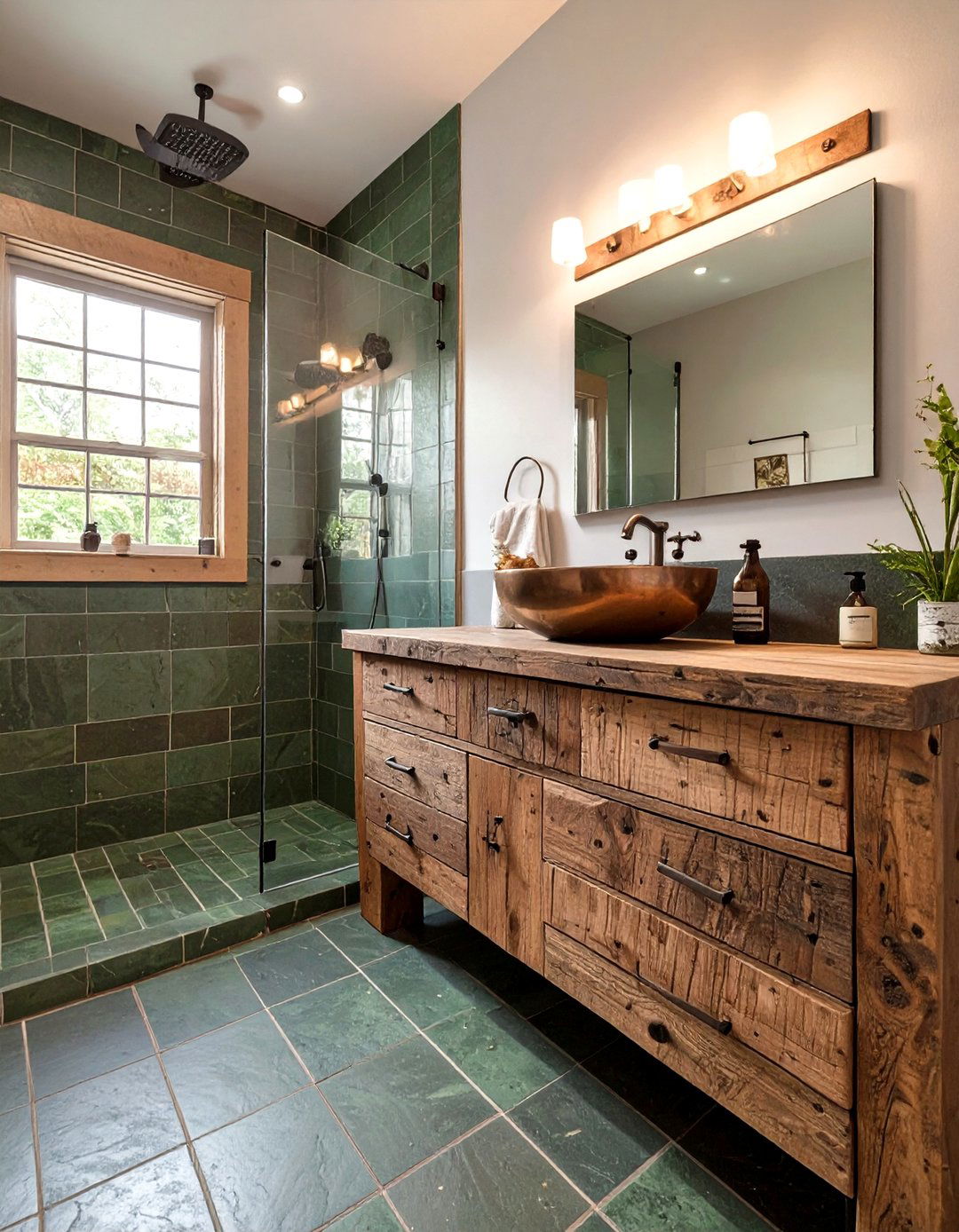 Rustic Green Bathroom with Slate Tiles - 30 green tile bathroom ideas