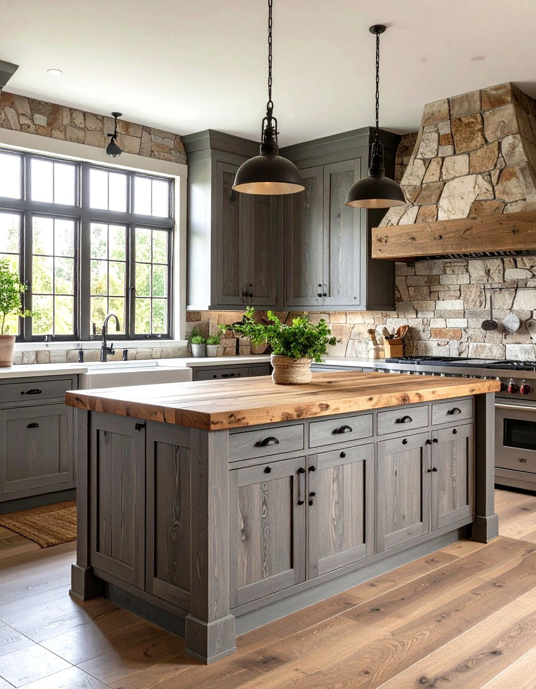 Rustic Grey Kitchen with a Stone Feature Wall - 30 grey kitchen cabinets ideas