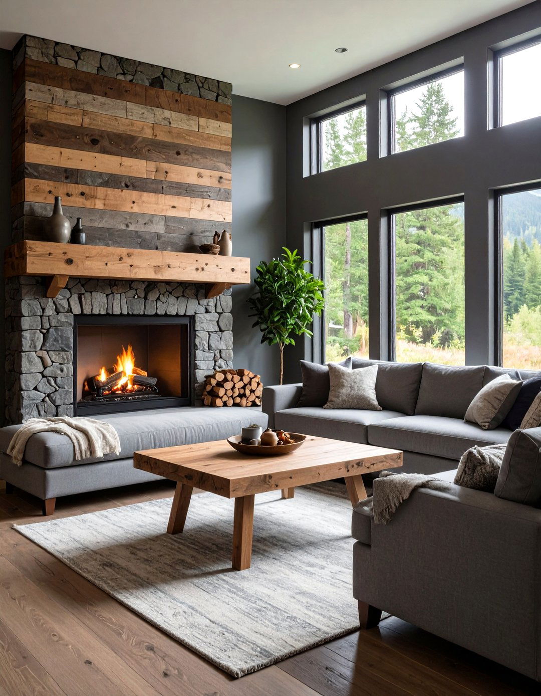 Rustic Grey Living Room with Natural Wood - 30 grey living room decor ideas