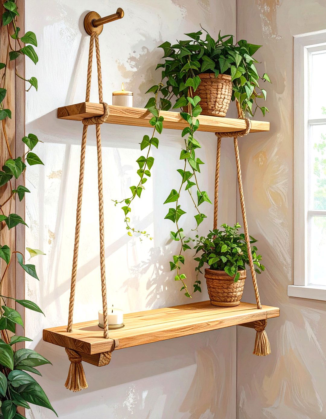 Rustic Hanging Rope Shelf - 30 small kitchen shelf ideas