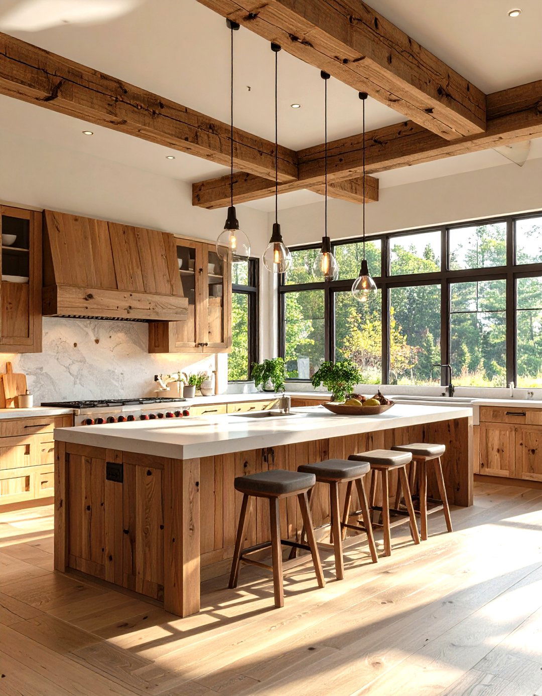 Rustic Kitchen with Wooden Beam Lighting - 30 kitchen island pendant lighting ideas