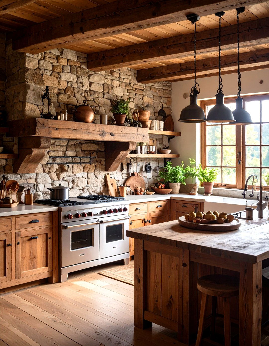 Rustic Kitchen with a Stone Accent Wall - 30 kitchen wall decor ideas
