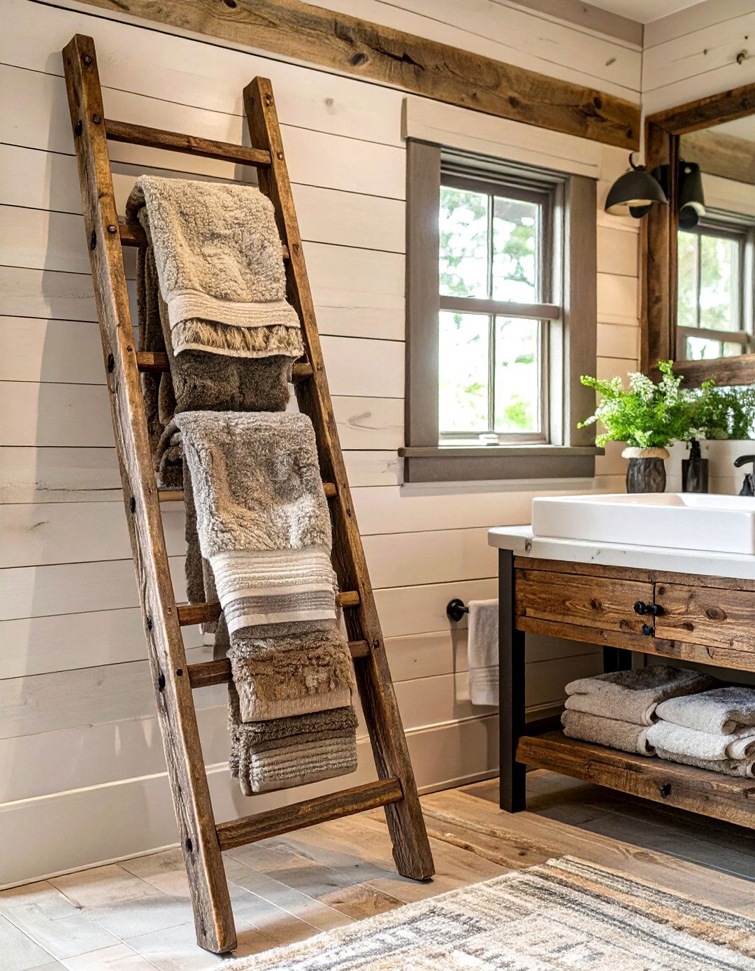 Rustic Leaning Ladder - 30 bathroom towel storage ideas