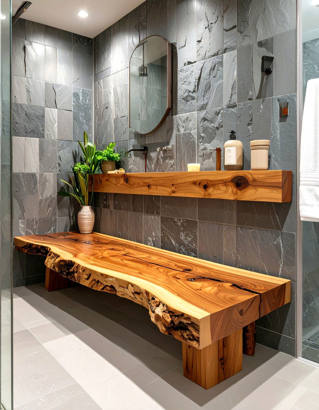 Rustic Live Edge Wood Shower Bench - 30 shower bench ideas