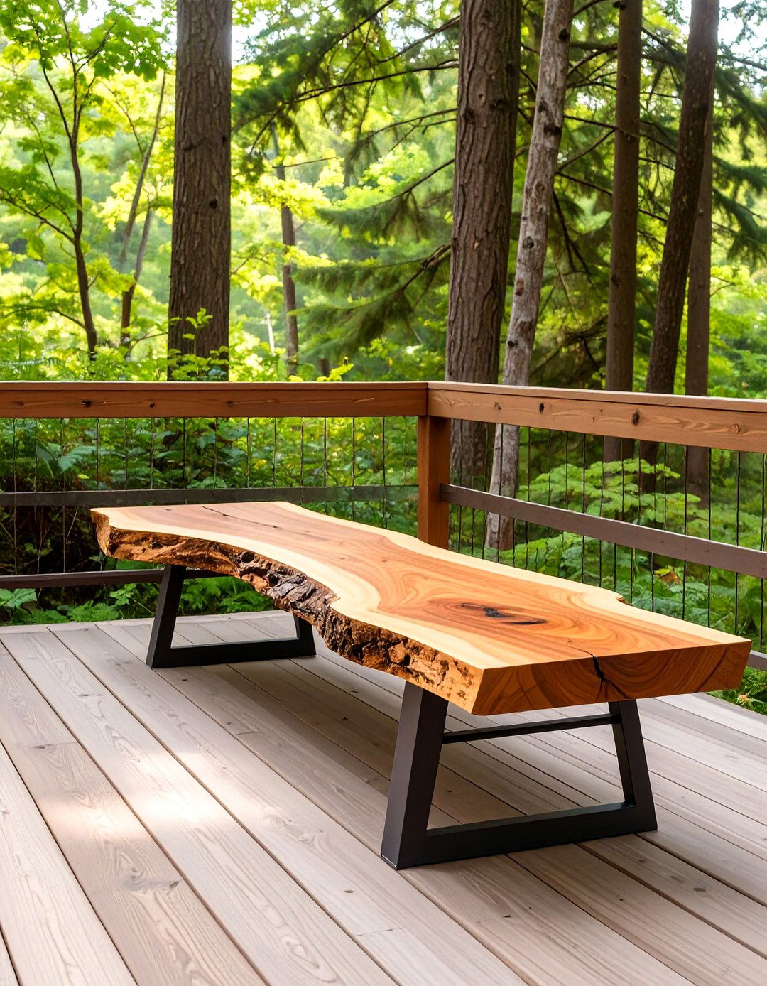Rustic Live Edge Wood Slab Bench - 30 deck bench ideas