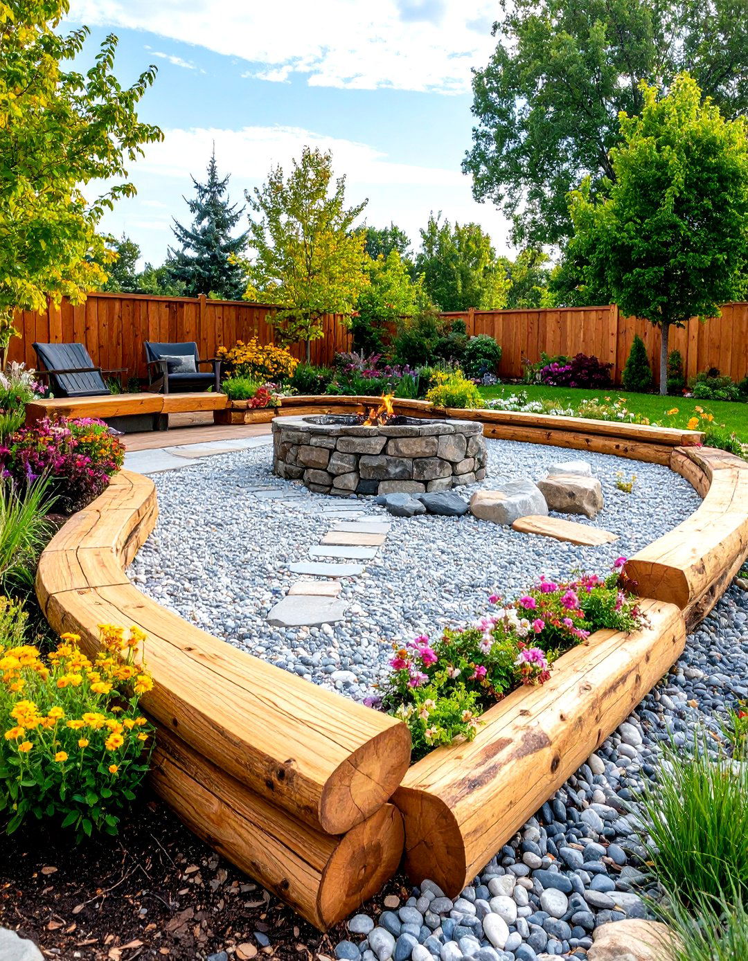 Rustic Log Edging for a Pea Gravel Patio - 30 pea gravel patio edging ideas