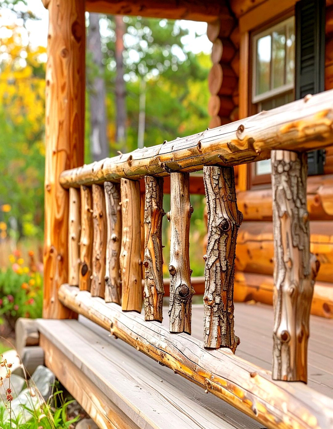 Rustic Log and Branch Railing - 30 small front porch railing ideas