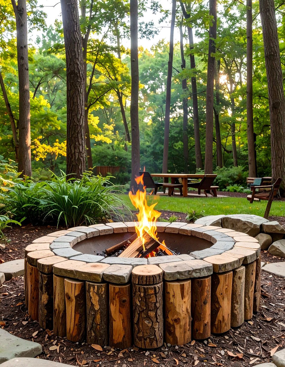 Rustic Log and Stone Fire Pit - 30 small outdoor fireplace ideas