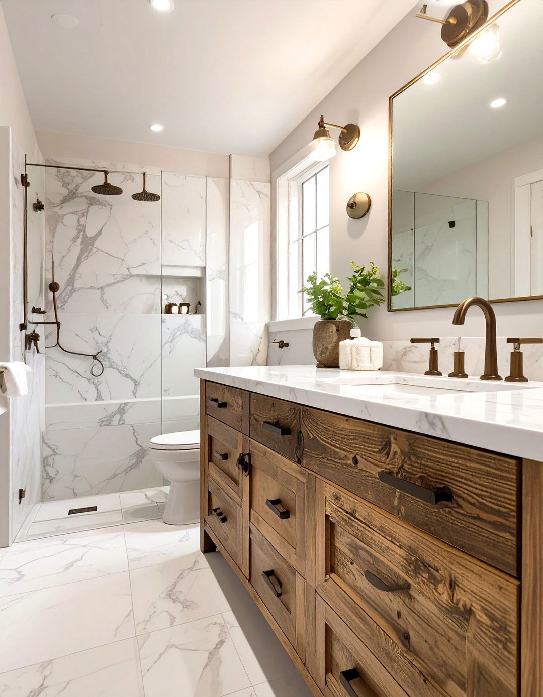 Rustic Marble and Wood Bathroom - 30 marble bathroom ideas
