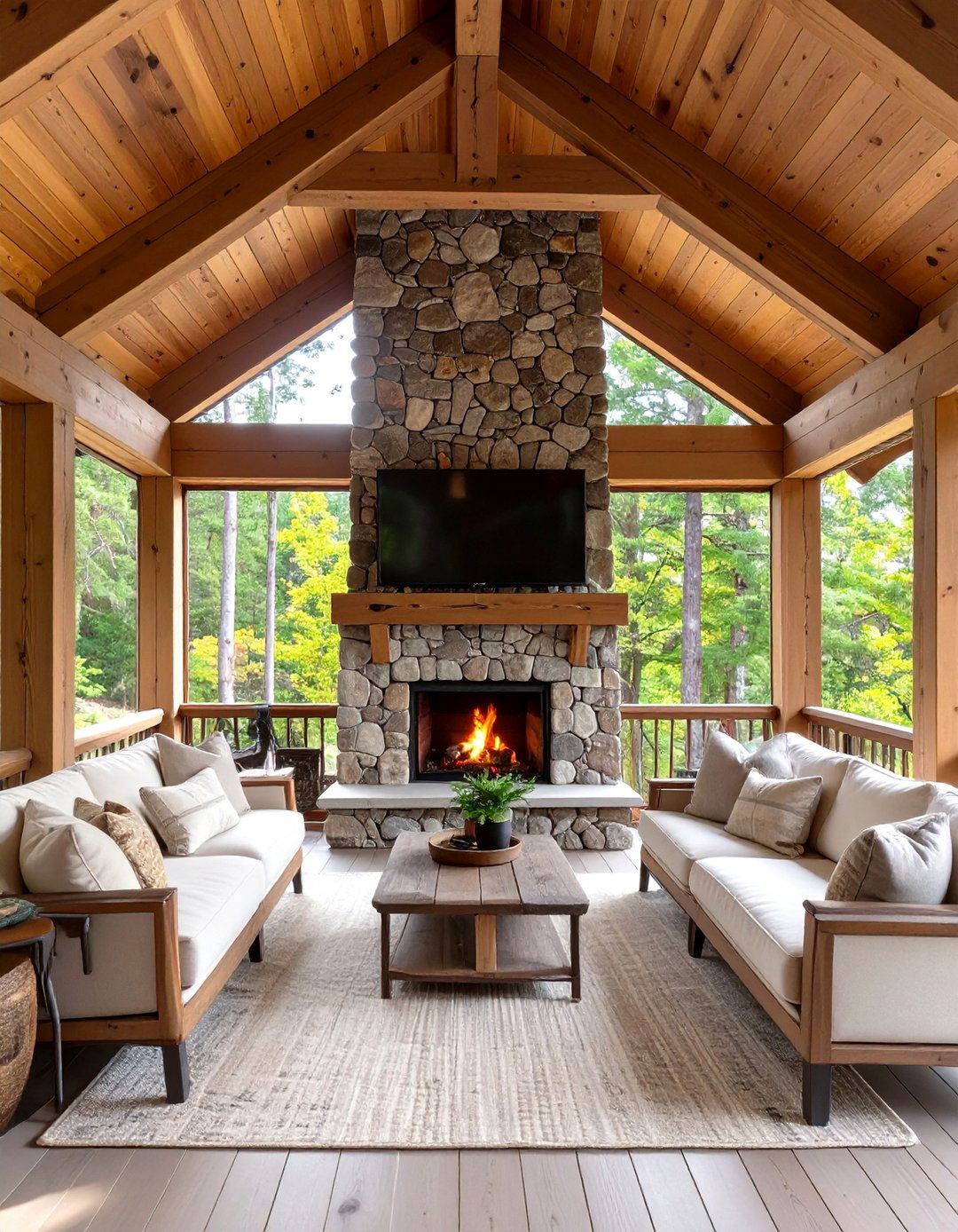 Rustic Modern Porch with a Stone Fireplace - 30 modern screened in porch ideas