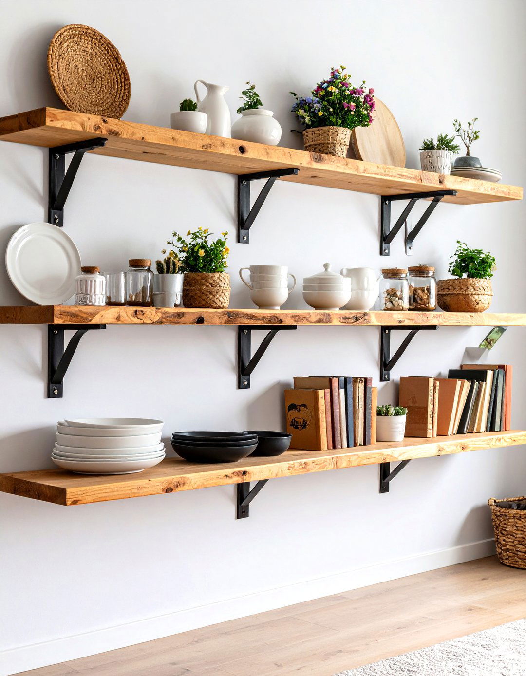Rustic Open Shelving with Decor - 30 farmhouse wall decor ideas