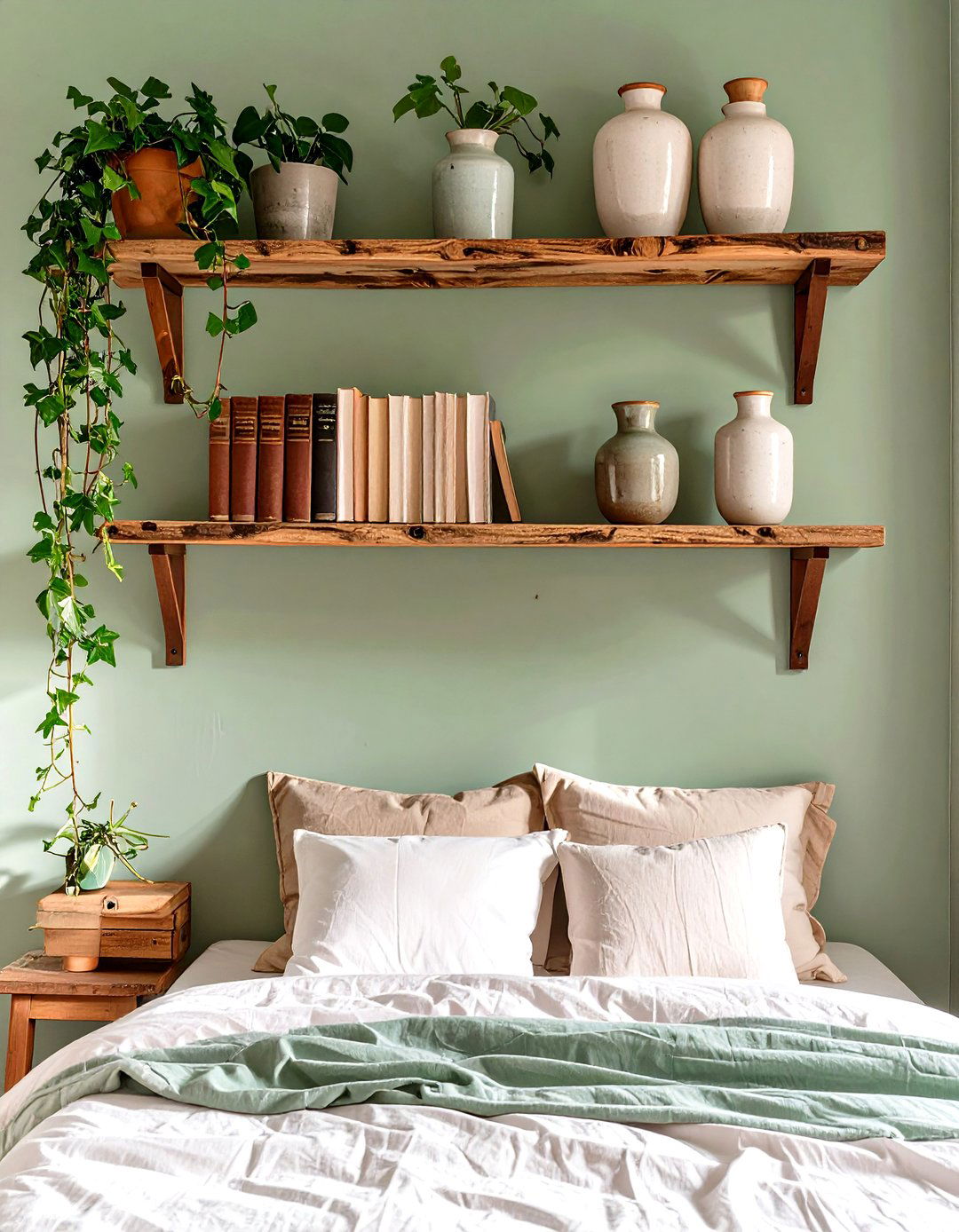 Rustic Open Shelving with Greenery - 30 rustic sage green bedroom ideas