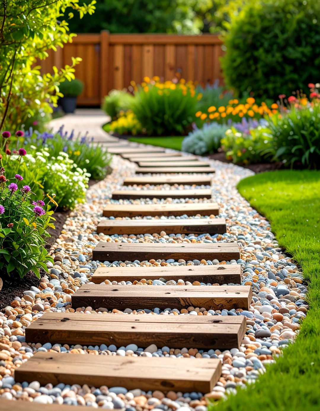 Rustic Pathway with Railway Sleepers - 30 gravel landscaping ideas