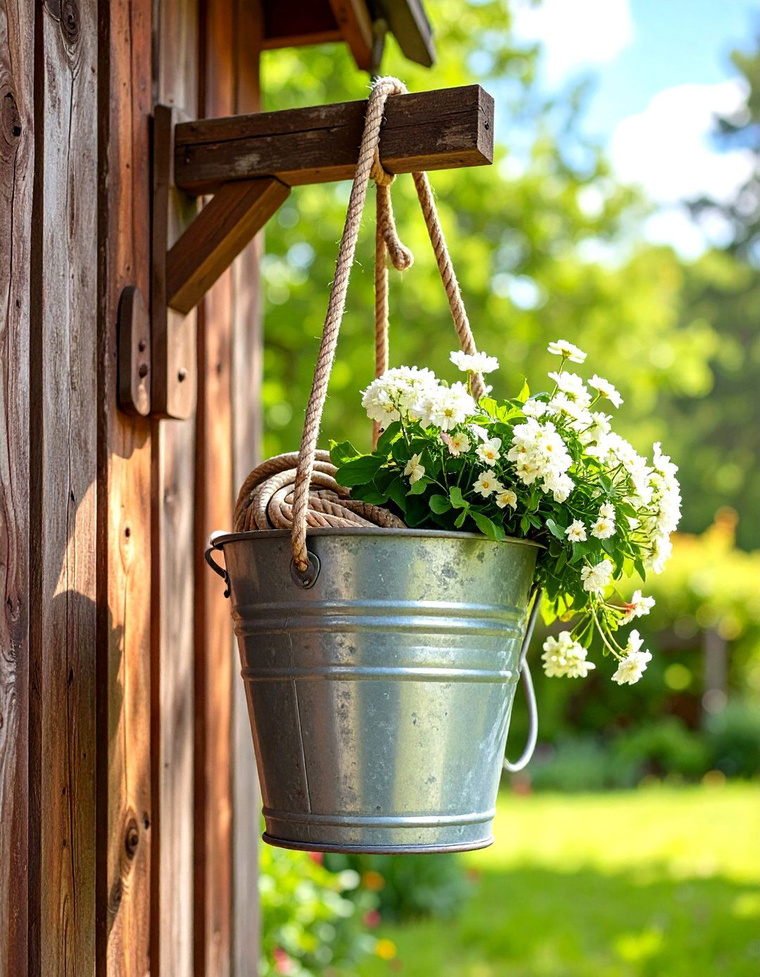 Rustic Pulley and Bucket System - 30 garden hose storage ideas