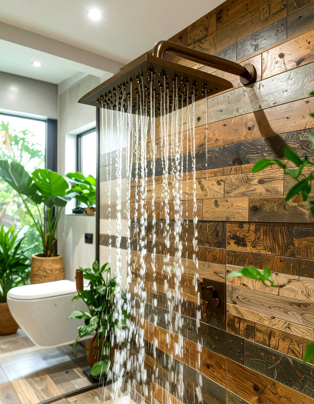 Rustic Shower with Waterfall Showerhead - 30 rustic shower ideas