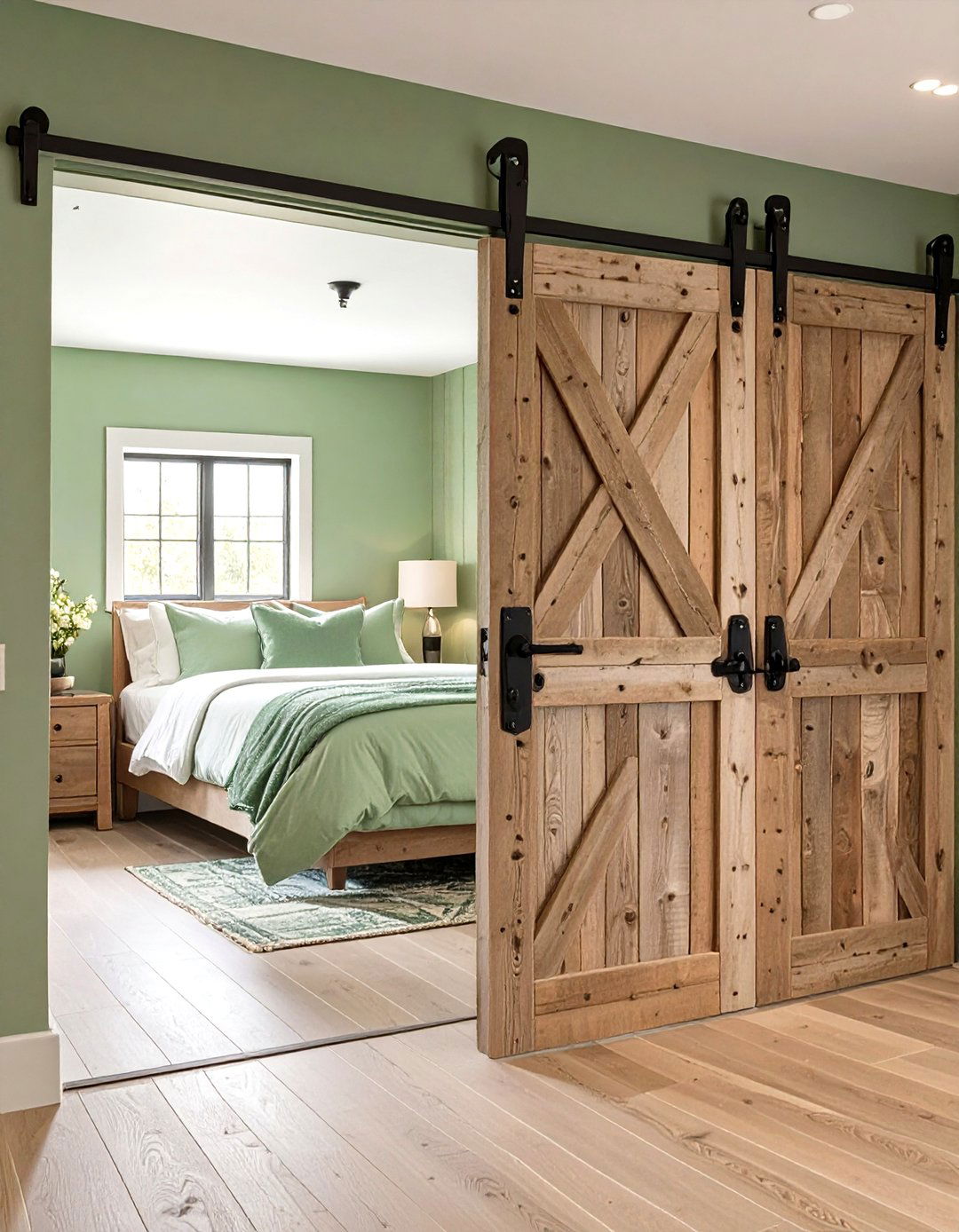 Rustic Sliding Barn Door in a Sage Green Room - 30 rustic sage green bedroom ideas
