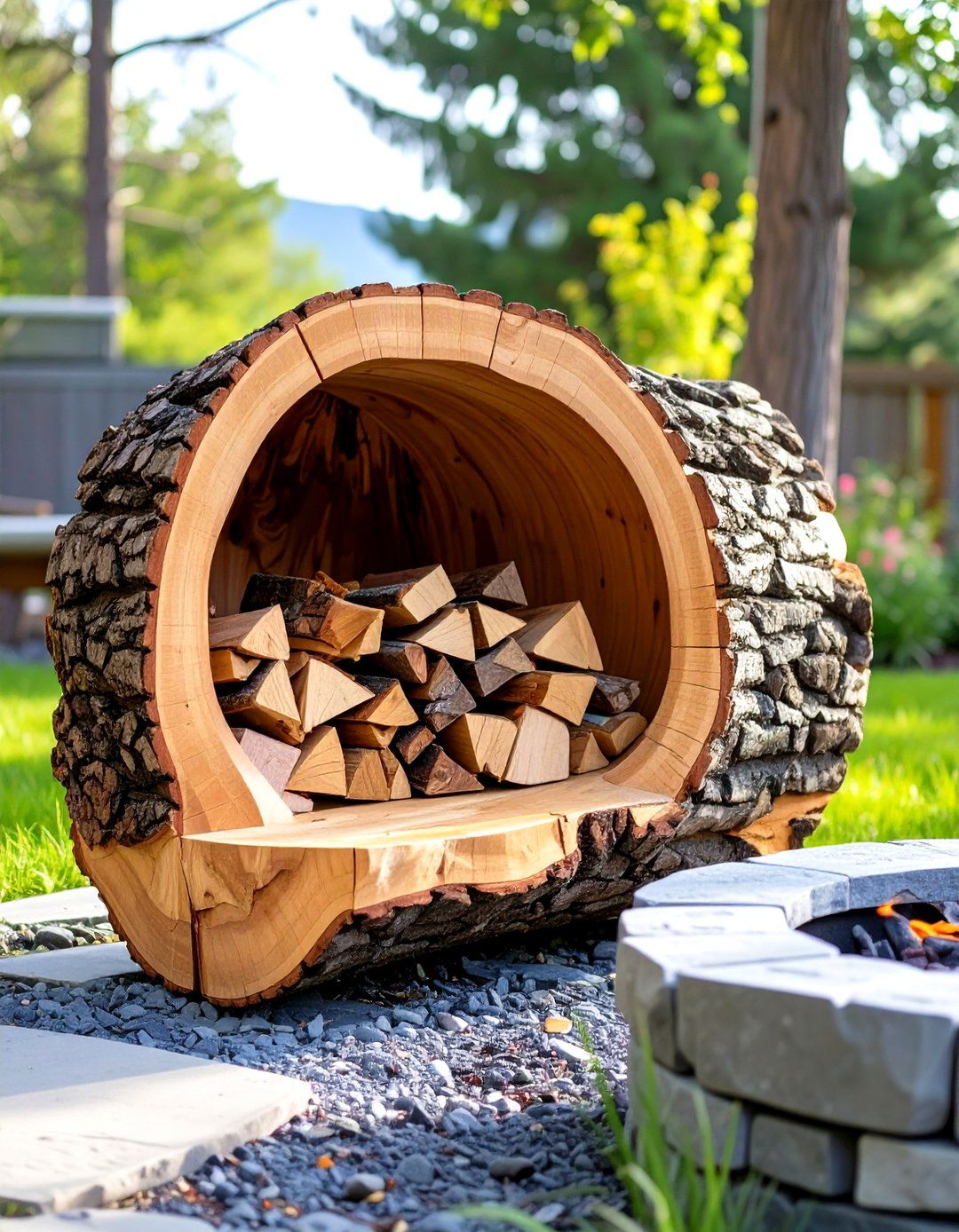 Rustic Split Log Firewood Cradle - 30 outdoor firewood storage ideas