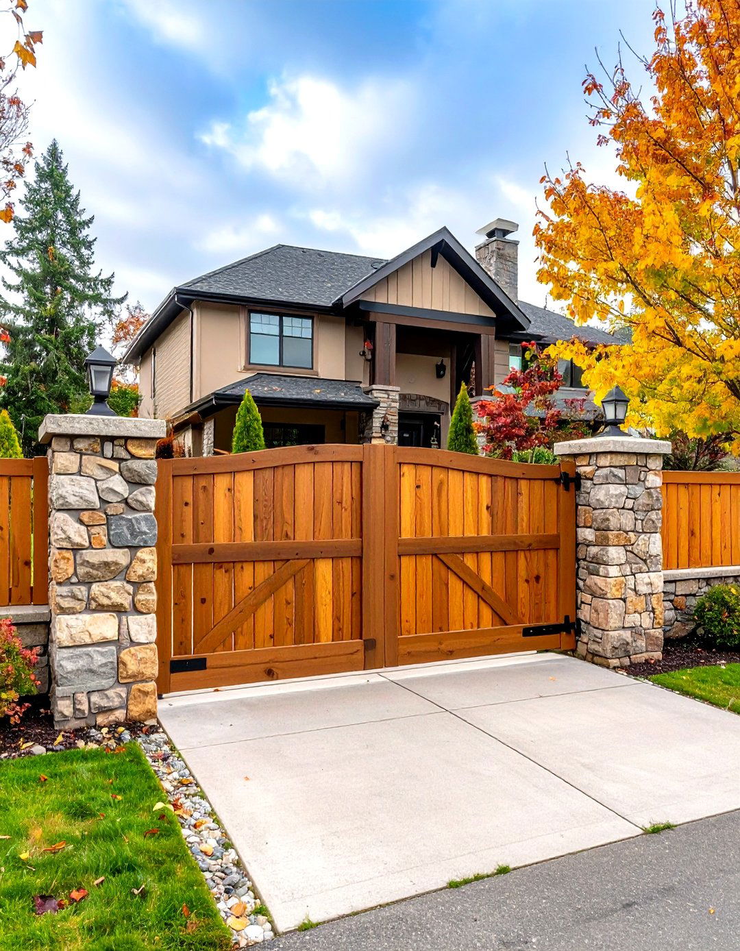 Rustic Split Rail Fence with Stone Pillars - 30 front yard fence ideas with driveway