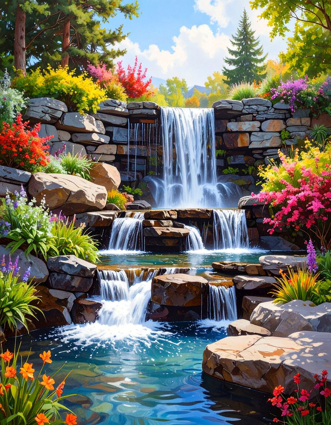 Rustic Stacked Slate Waterfall - 30 backyard waterfall ideas