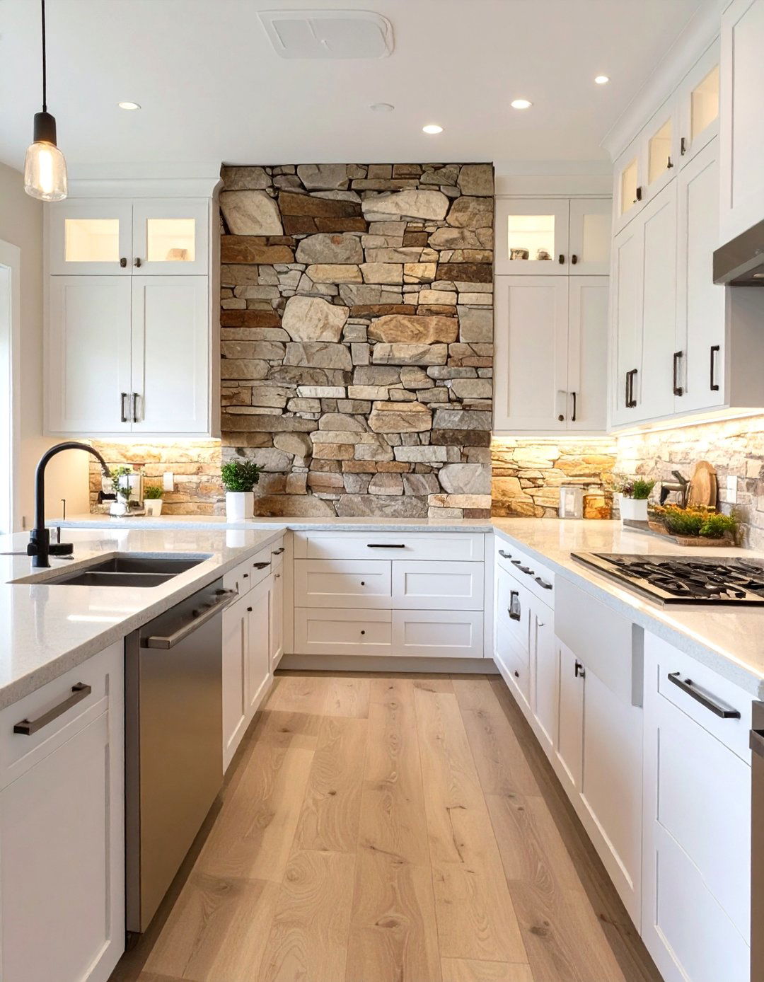 Rustic Stacked Stone Backsplash - 30 backsplash ideas for white cabinets and quartz countertops