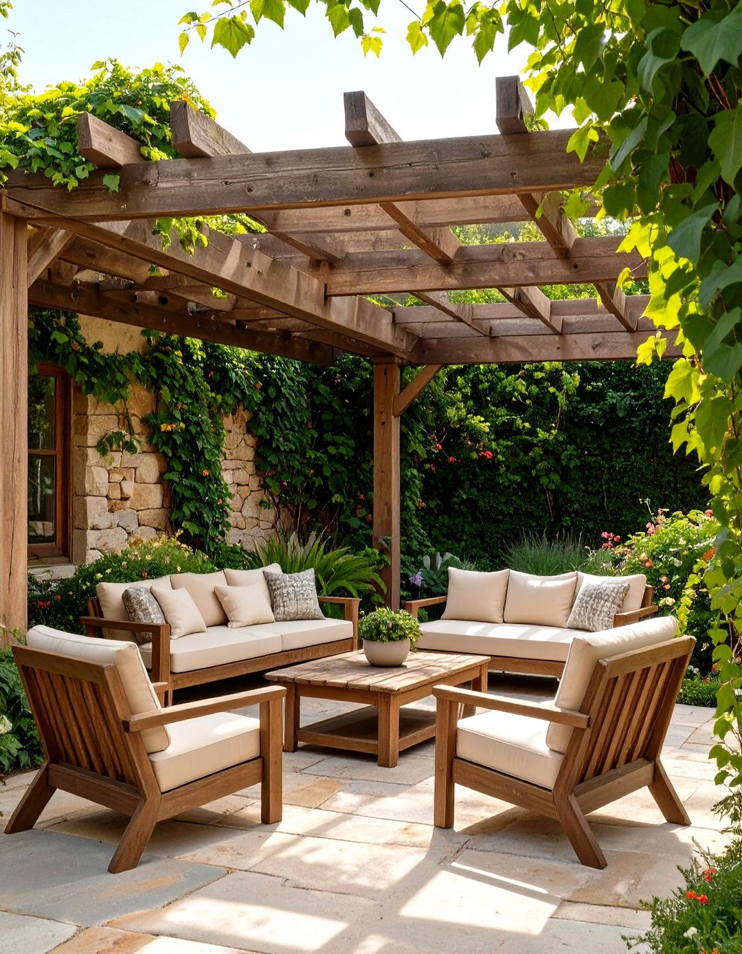 Rustic Stone Patio with a Wooden Pergola - 30 outdoor patio design pictures ideas