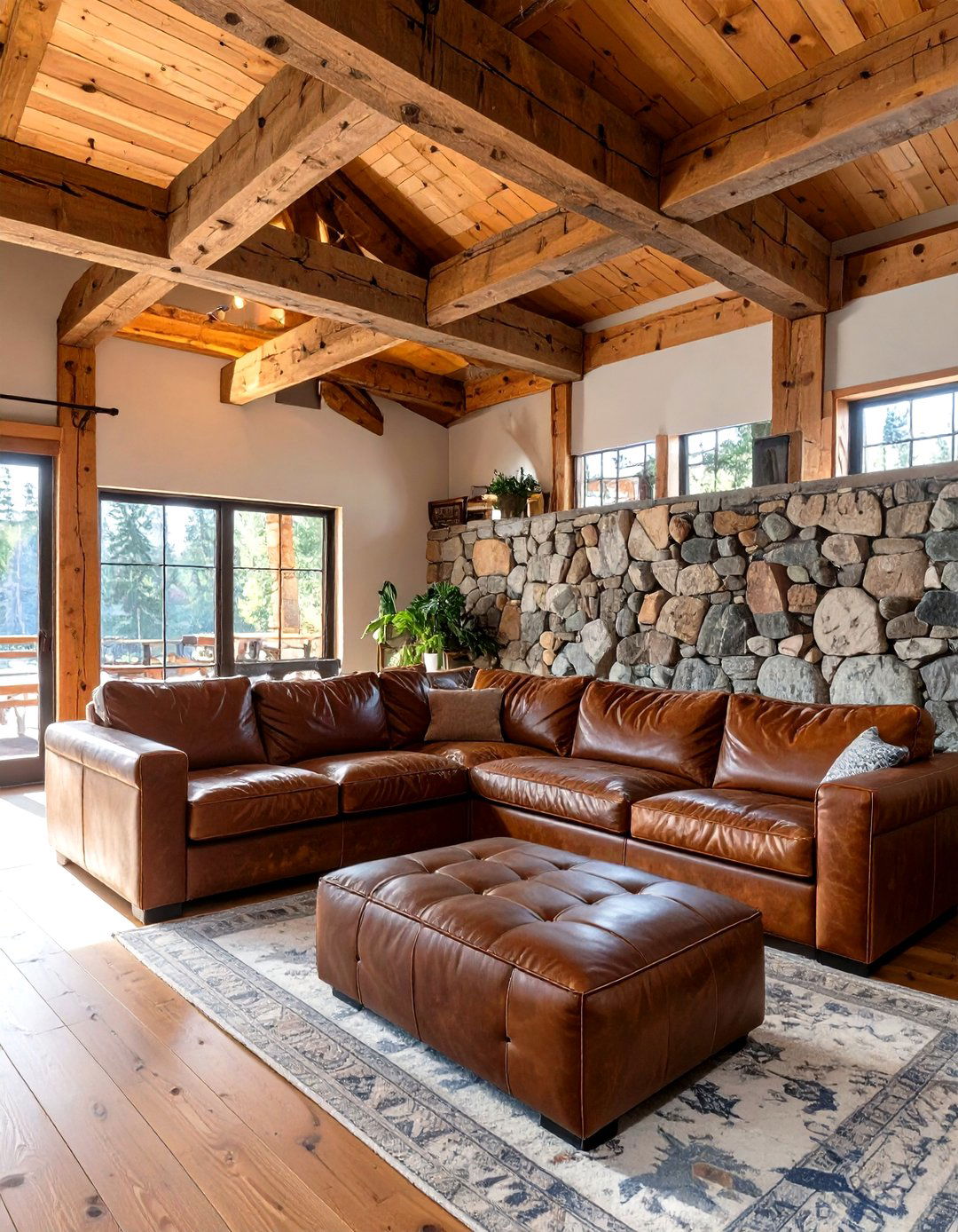 Rustic Sunken Living Room with Exposed Wood Beams - 30 sunken living room ideas