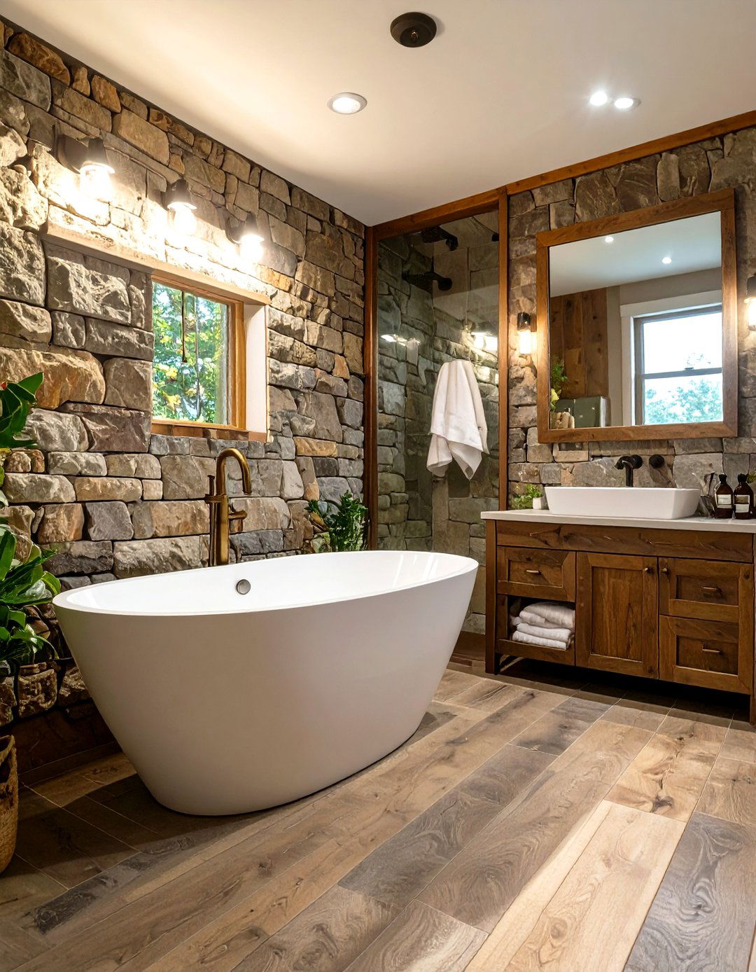 Rustic Tub in Shower with Stone and Wood - 30 tub in shower bathroom ideas