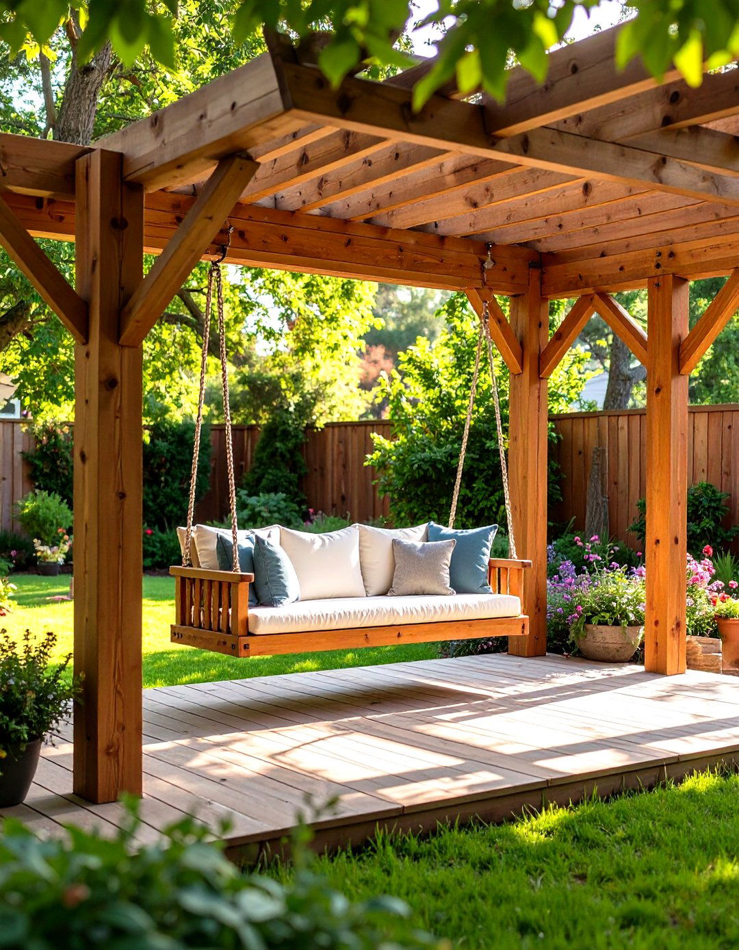 Rustic Wood Pergola with Swing - 30 pergola backyard patio ideas