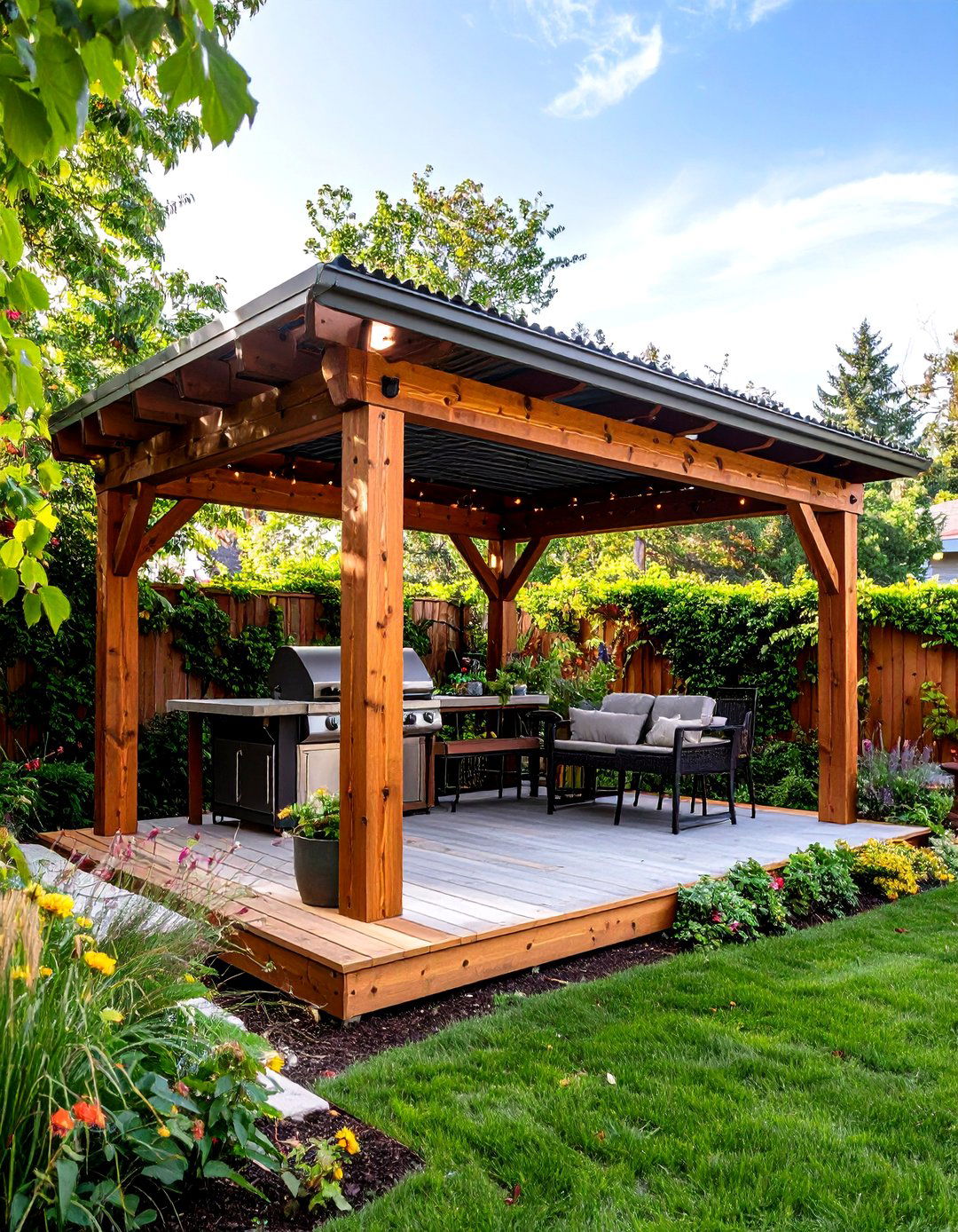 Rustic Wood and Metal Patio Grill Pergola - 30 patio grill ideas