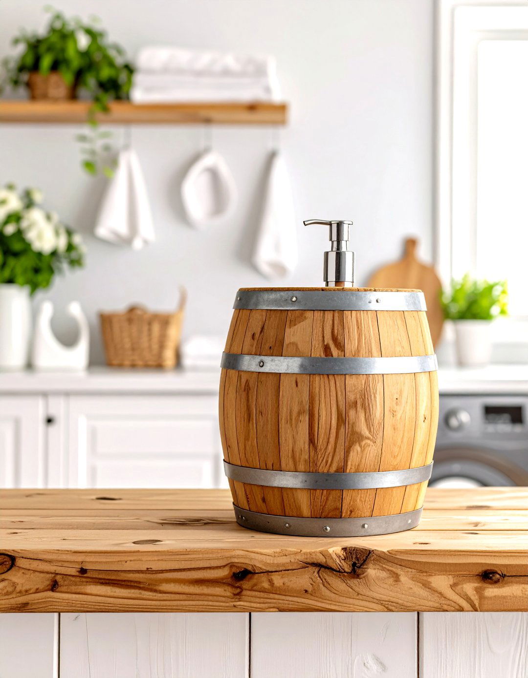 Rustic Wooden Barrel Dispenser - 30 liquid laundry detergent dispenser ideas