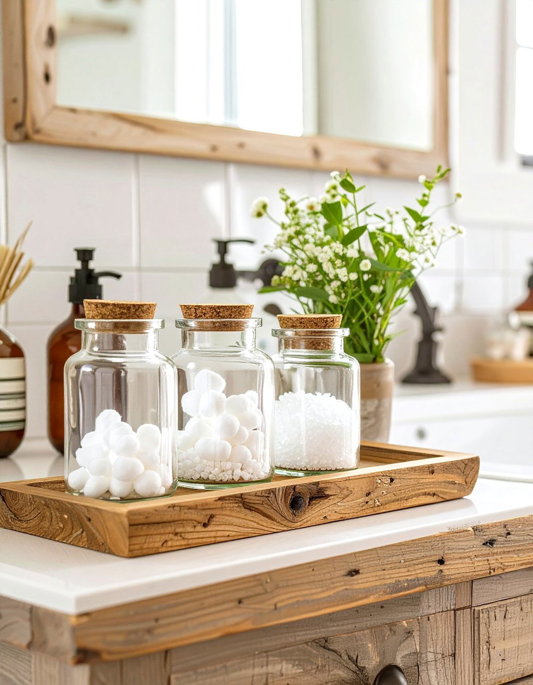 Rustic Wooden Riser and Jars - 30 bathroom counter organization ideas