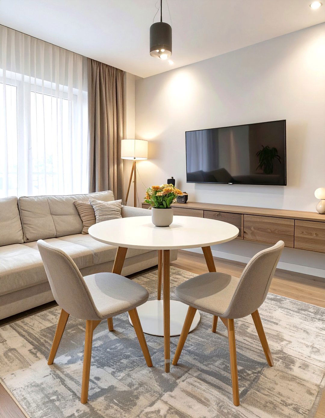 Sacrificing the Coffee Table for a Small Dining Table - 30 small living room ideas with tv and dining table